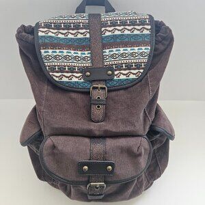 Boho Hippie Print Brown 100% Cotton Backpack, Drawstring, Festival, Pockets
